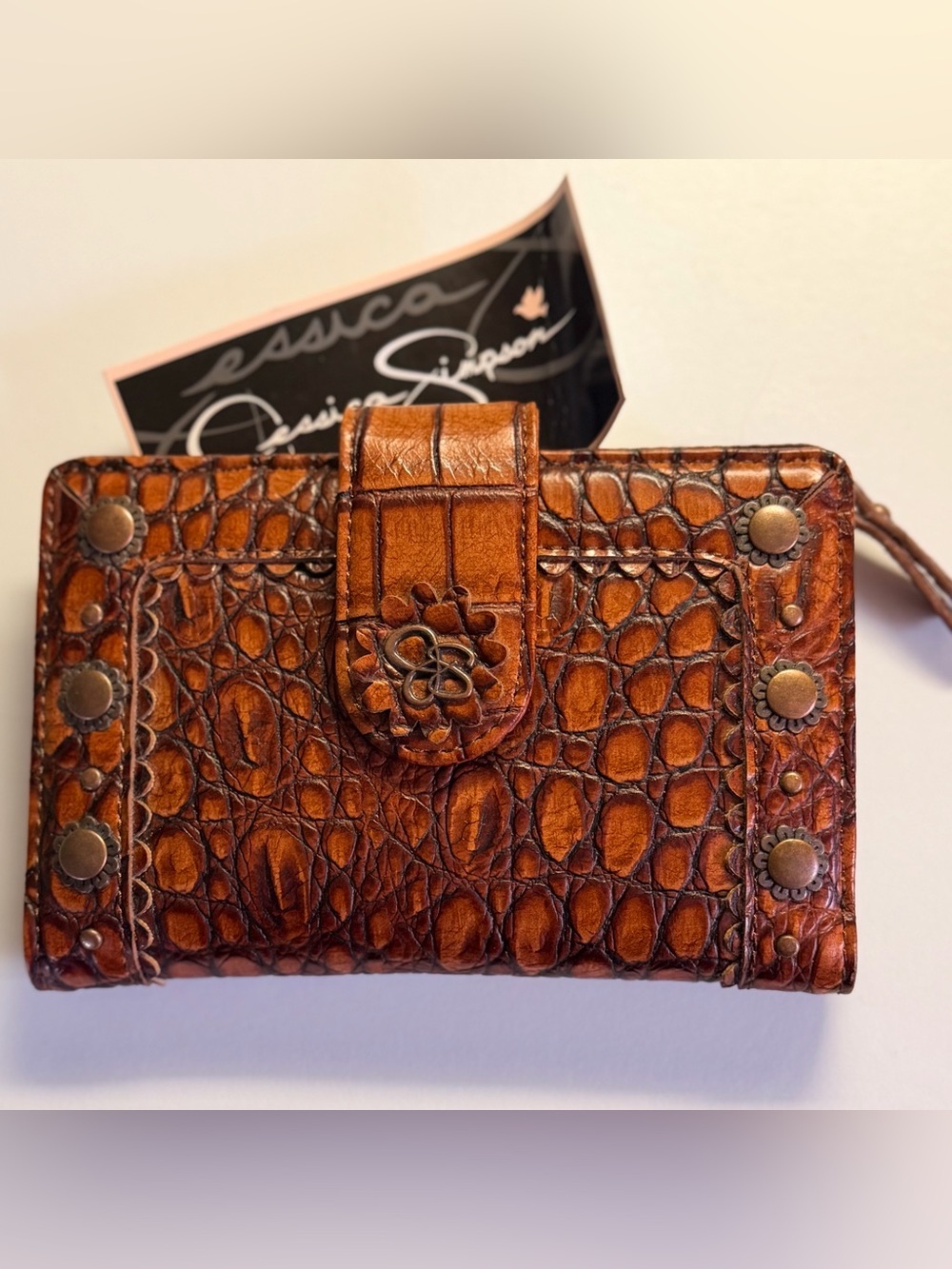 NWT Vtg Jessica Simpson Cognac Croc Embossed Studded Flap Wallet Boho Western